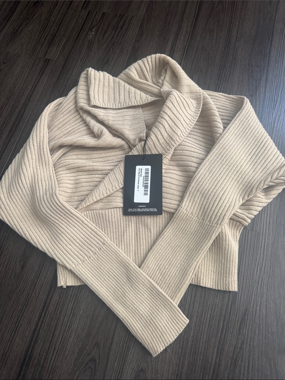 Pretty Little Thing Ribbed Cross Over Cropped Sweater in Beige